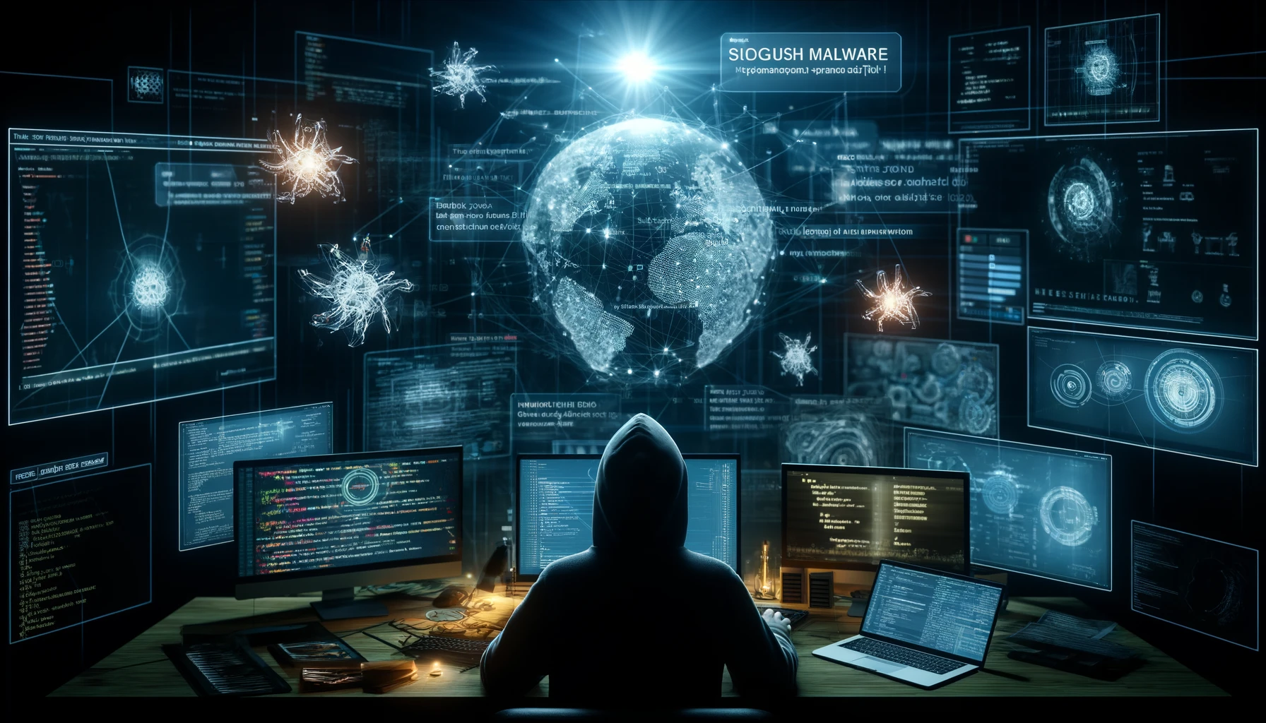 A silhouette of a cyber security analyst is surrounded by a semicircle of illuminated computer screens displaying various types of code, network diagrams, and digital maps, all related to the tracking of SocGholish malware. Digital representations of viruses and trojans float around the workspace in a dark, moody atmosphere.