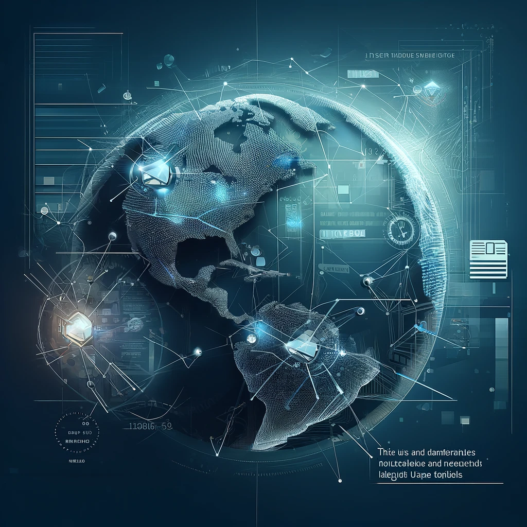 Illustration of a digital globe with highlighted connections across Ghana, Cambodia, and Brazil, surrounded by symbols of digital documents and abstract cyberspace elements in blue and gray tones.