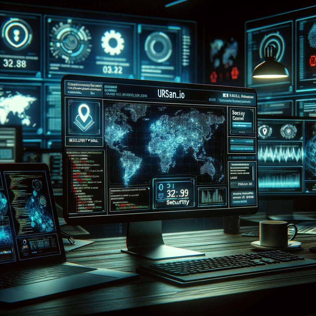 Cybersecurity workspace with multiple screens displaying code and network data, including urlscan.io interface.