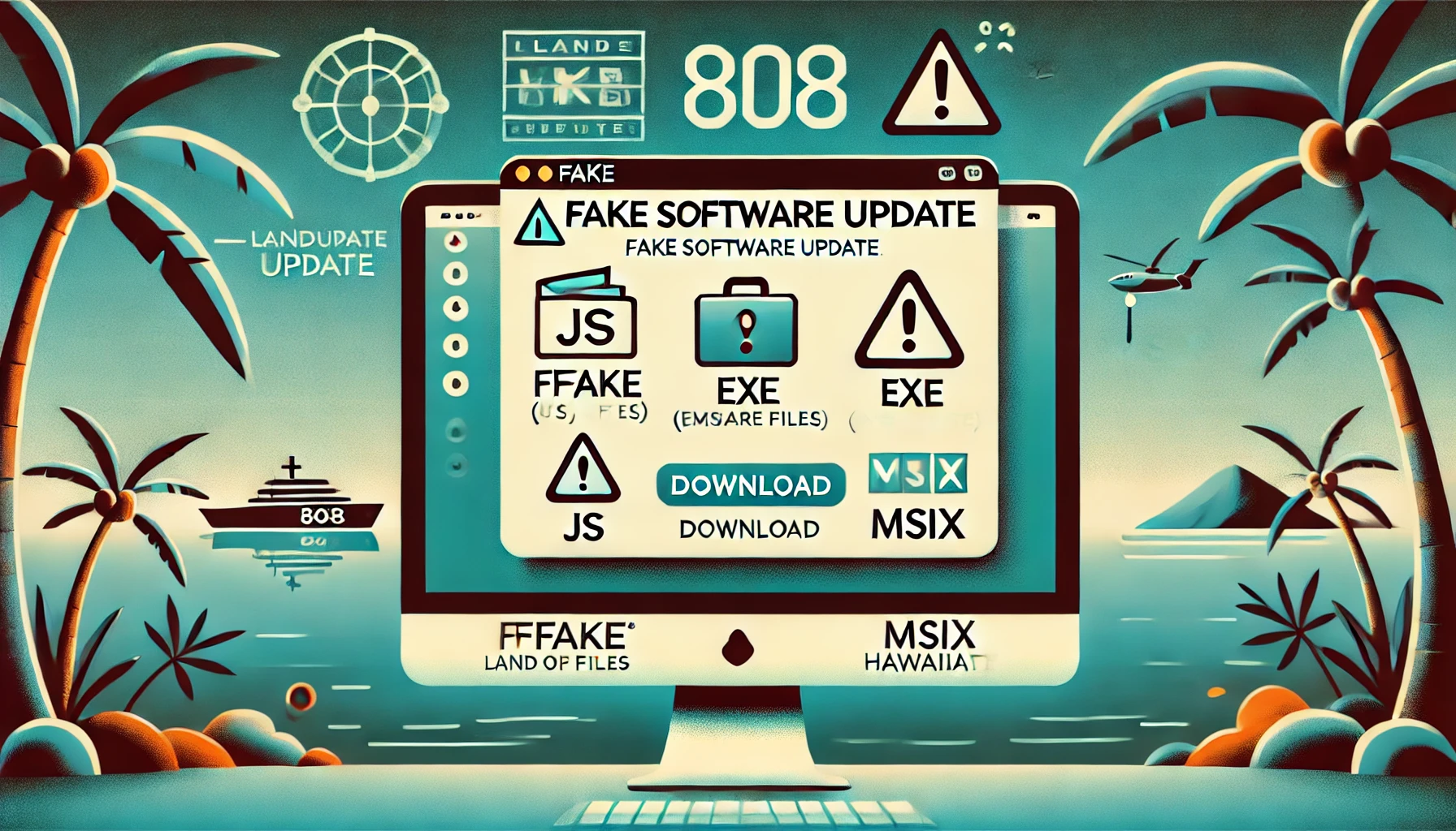 A stylized illustration depicting a fake software update warning on a computer screen. The warning includes icons for JS, EXE, and MSIX file types and a prominent download button. The background features subtle Hawaiian elements like the number '808', palm trees, and tropical scenery, emphasizing the theme 'LandUpdate808'.