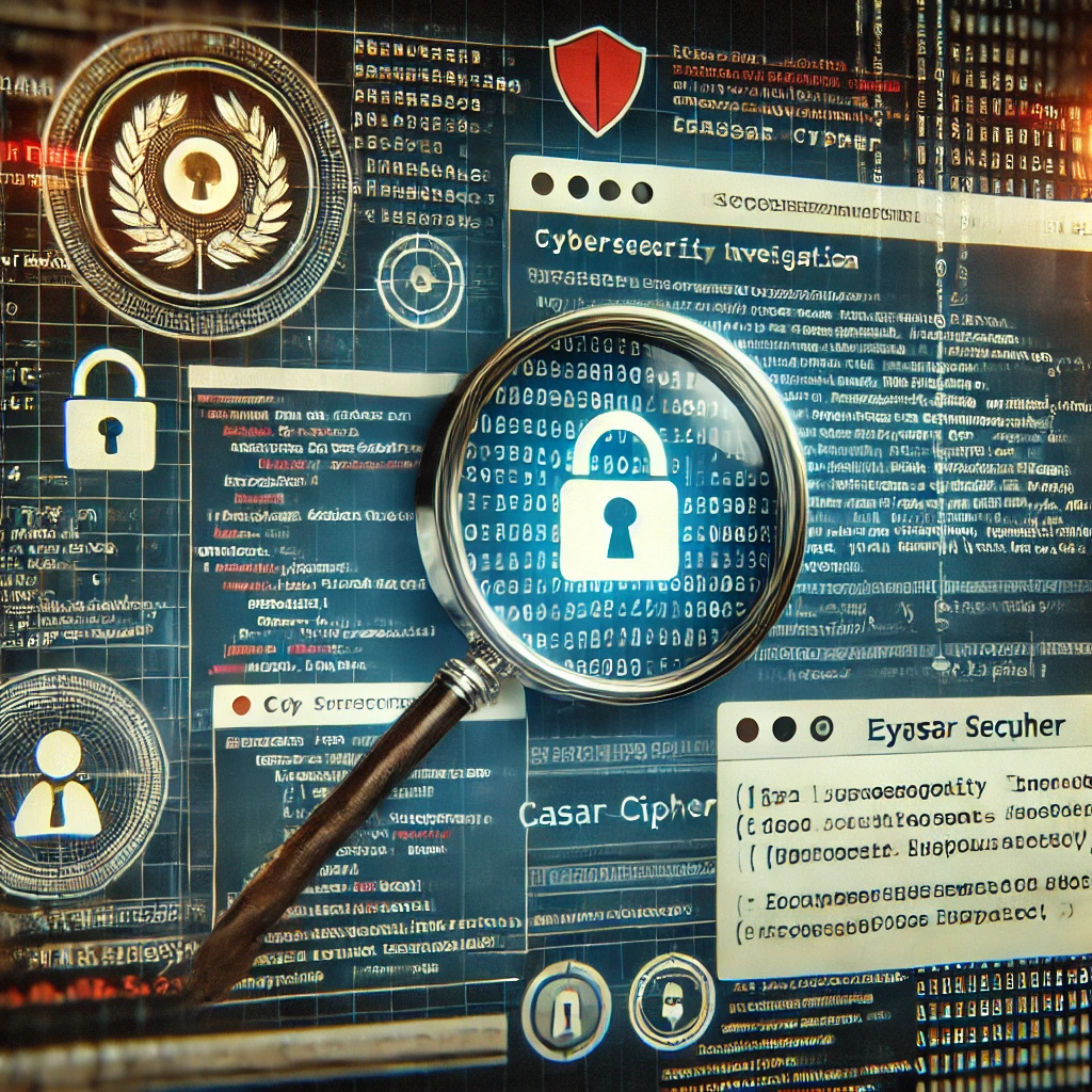 An image showing a magnifying glass over encrypted code with a lock symbol, web browser with suspicious activity, and a graphic representation of a Caesar cipher, representing a cybersecurity investigation.