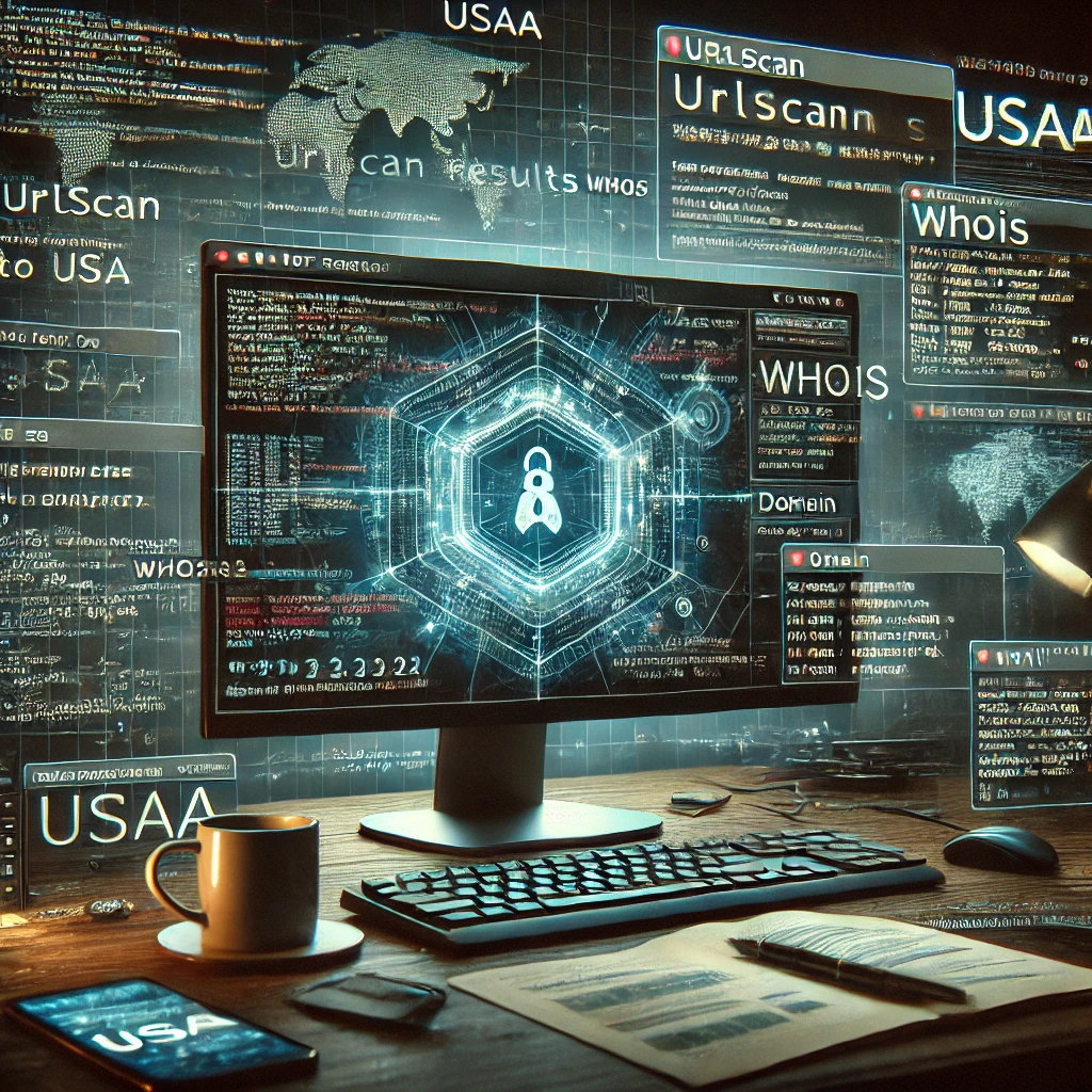 Cybersecurity research scene with a computer displaying code, URLs, and whois information.