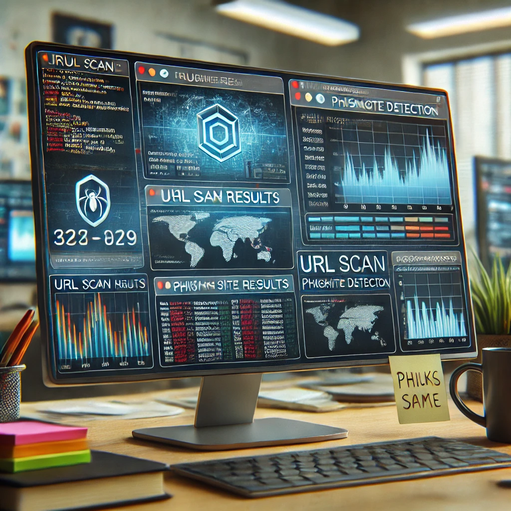 Computer screen displaying cybersecurity analyst's work with URL scan results, code snippets, and graphs.