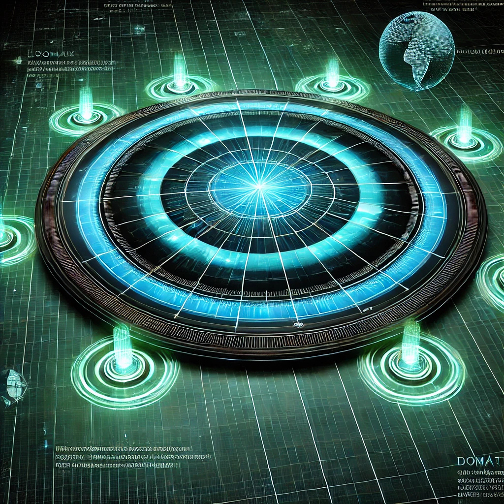 A digital radar screen detecting multiple signals, representing tracked domains in cybersecurity monitoring.