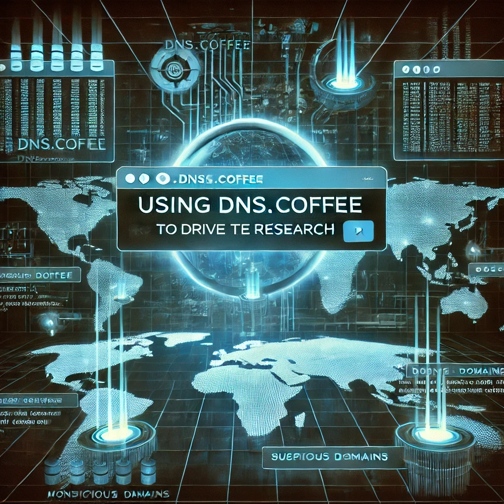 A digital dashboard displaying DNS.Coffee with suspicious domains and a global map, titled 'Using DNS.Coffee to DRIVE Research.'